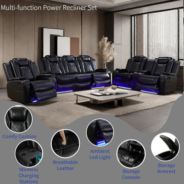 Power Recliner Set with LED Lights, Air Leather Reclining Set with USB Port/Wireless Charger/Storage Console/Cup