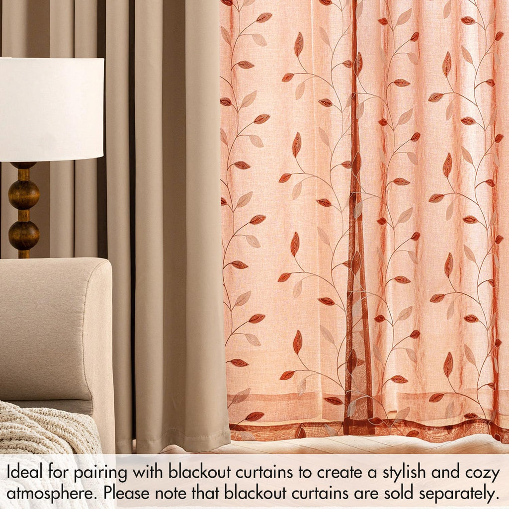 Burnt Orange Sheer Fall Curtains 2 Panels Leaf Patterned, W52 x L45
