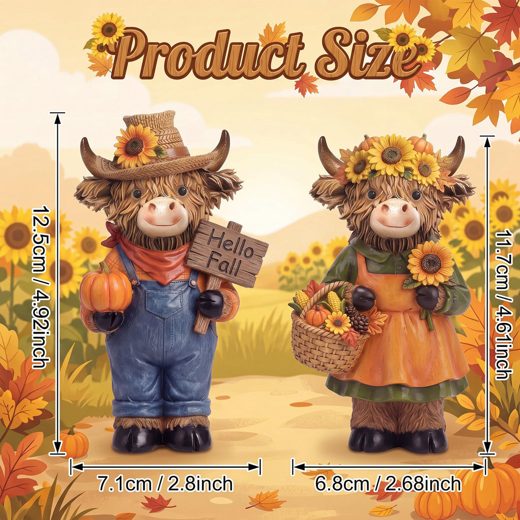 2 Pcs Fall Highland Cow Figurines Gifts, Resin Table Decor