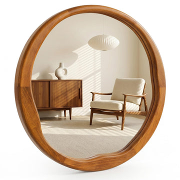 30 Inch Warm Walnut Round Wood Bathroom Mirror, Wavy Inner Edge