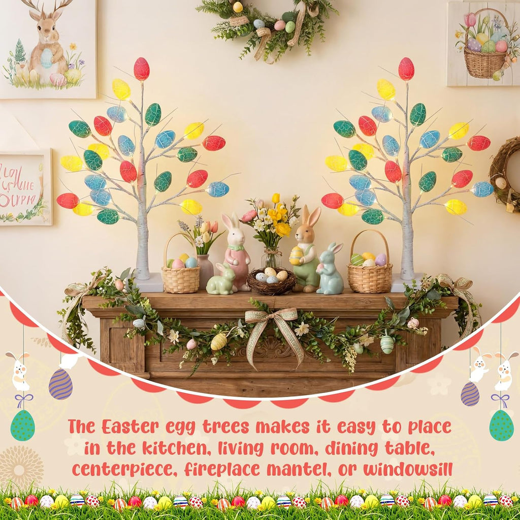 Set 24 Inch Lighted Easter Tree with 48 Eggs and Colorful LED Lights Easter Decoration Light up Artificial Birch - Set of 2