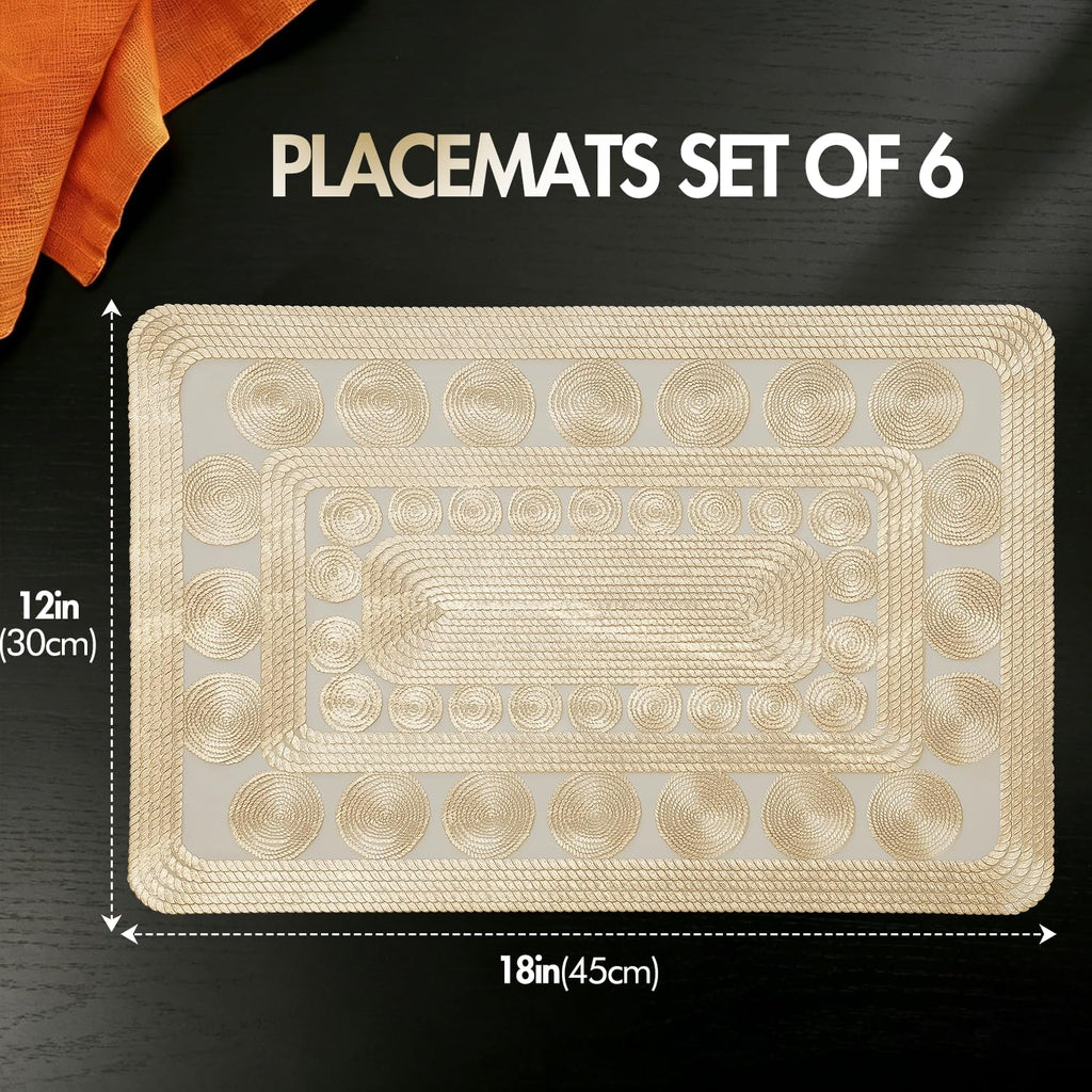 Metallic Gold Placemats Set of 6,Woven Rope Pattern Waterproof PVC Table Mats,Rectangular Washable Non-Slip