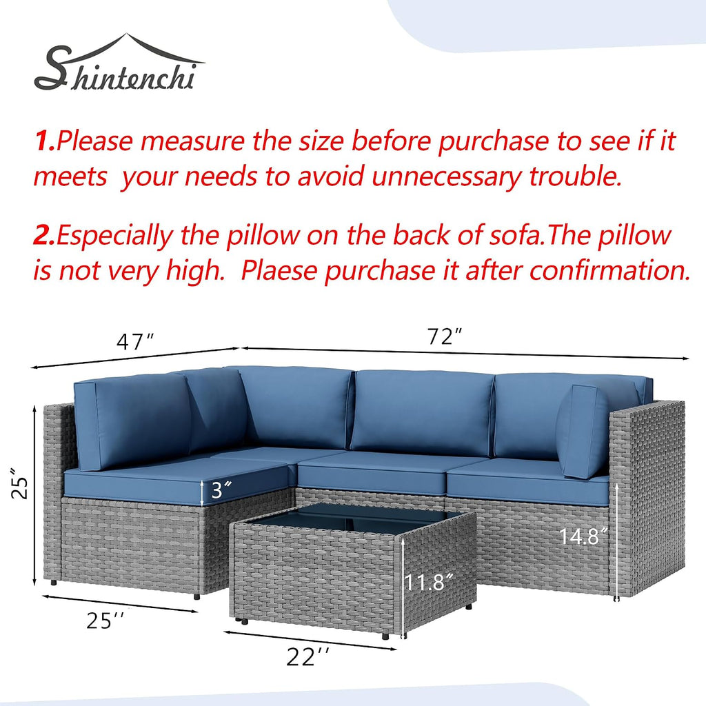 5 Piece Outdoor Patio Furniture Set, Silver PE Rattan Wicker Sectional Sofa with Glass Coffee Table - Navy Blue