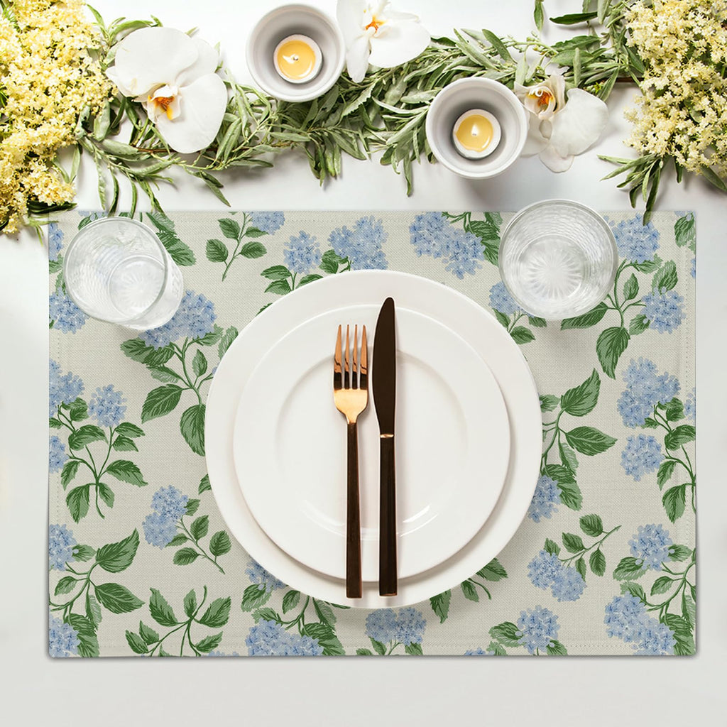 Hydrangea Placemats Set of 4 - Spring Summer Place Mats 12x18 Blue Floral Table Mats Flower Kitchen Mats for Party