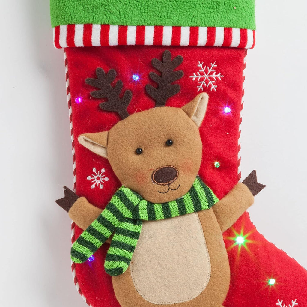 Reindeer with LED Lights and Name Embroidery | 3-D Character Stocking with Colorful Twinkling Lights | Green Cuff