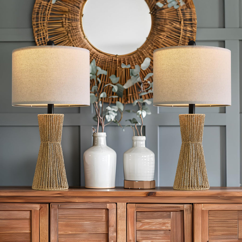 22.5" Table Lamps, Boho Lamps Set of 2 s, Bedside Lamp for Nightstands, Rattan Lamp, Farmhouse Table Lamp for Room
