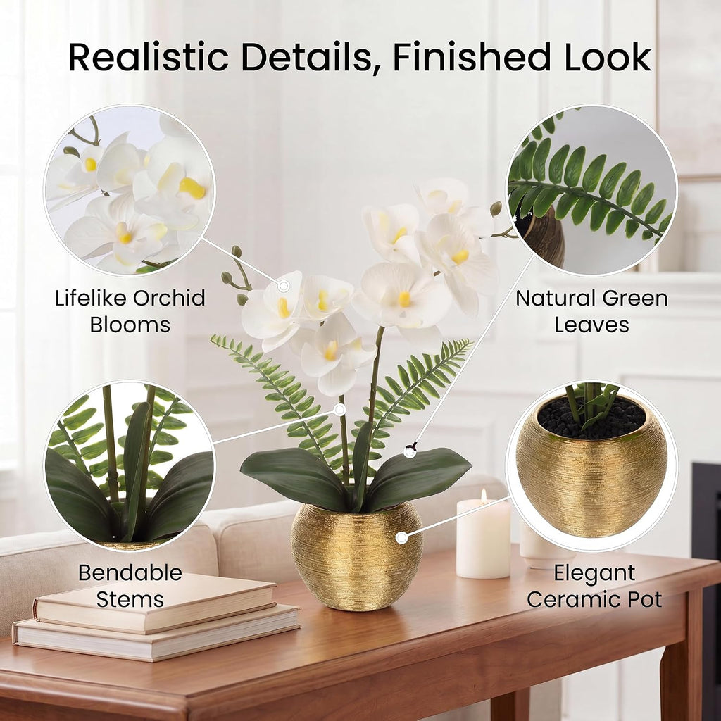 Artificial Orchid Flowers in Gold Ceramic Pot, 13" Small White Faux Phalaenopsis Orchid Floral Arrangement Fake Silk