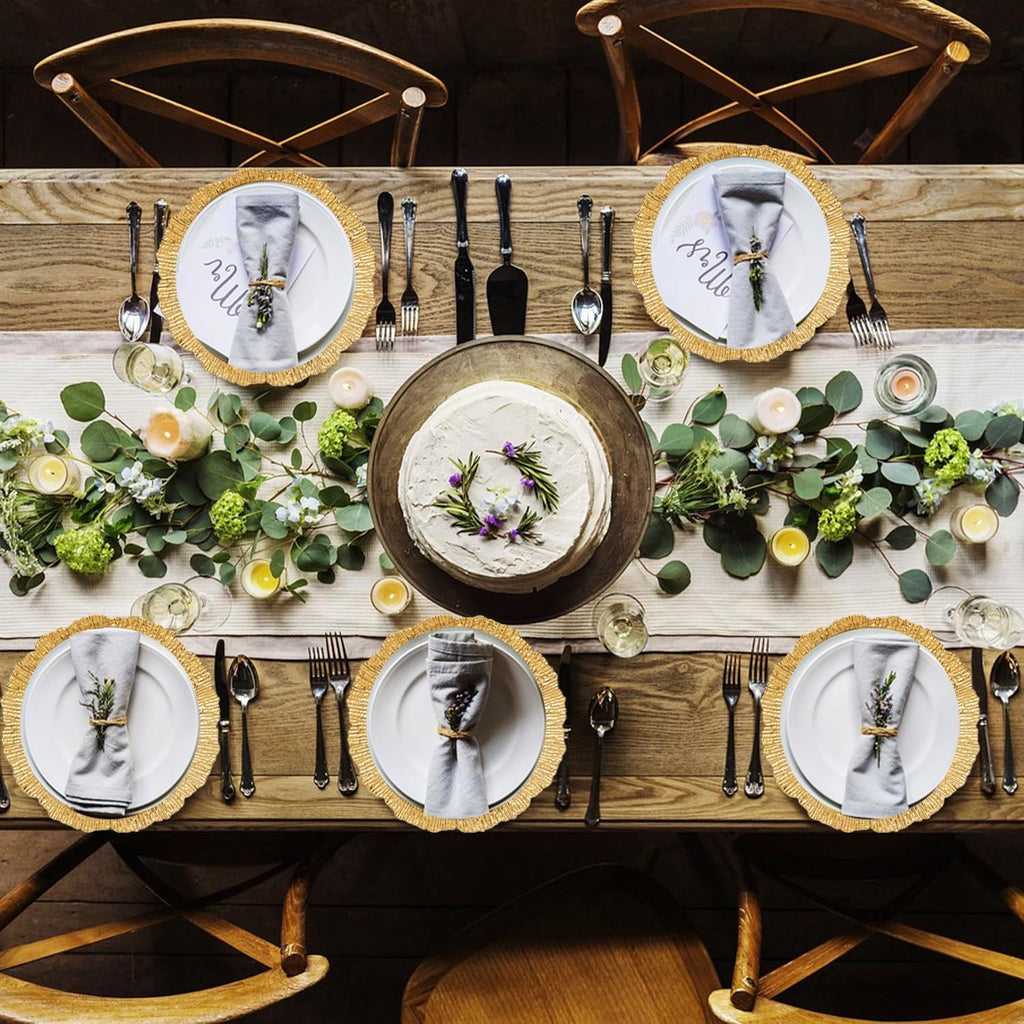 Gold Charger Plate 13 in Round Matte Reef Plate Charger Ruffled Rim Dinner Charger Hollow out Flower Holde (12) - Set of 12