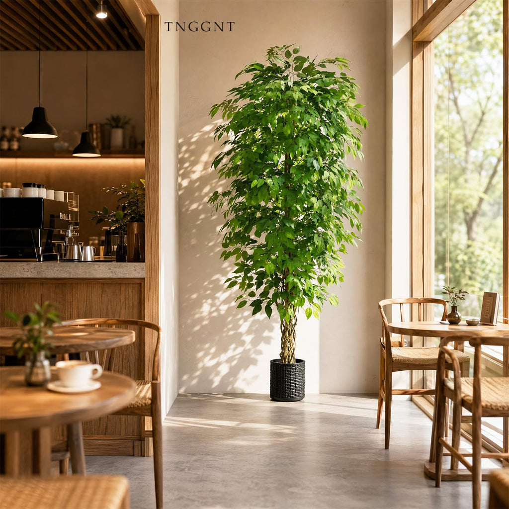 Artificial Ficus Tree:6FT Tall Faux Silk Floor Plant (Black Planter)