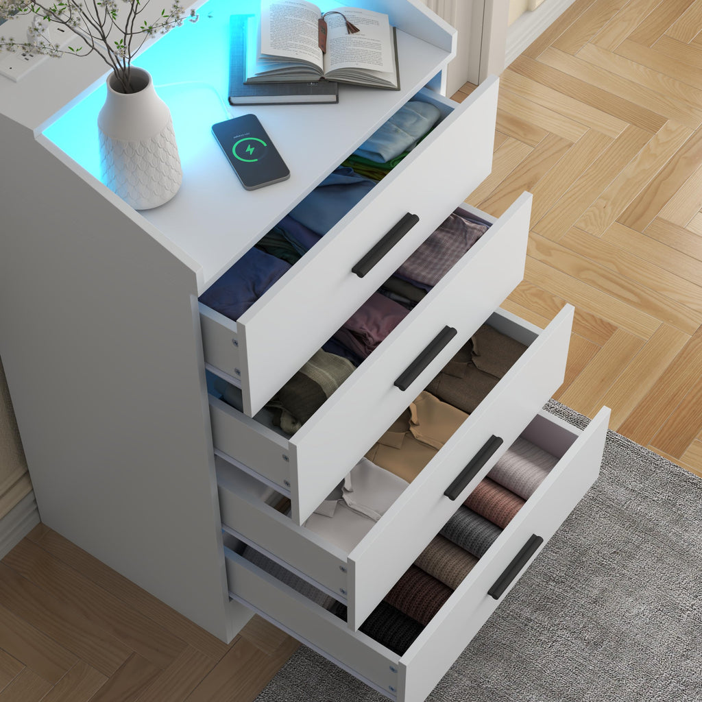 4 Drawer Dresser with LED, Modern Dresser with Power Outlet