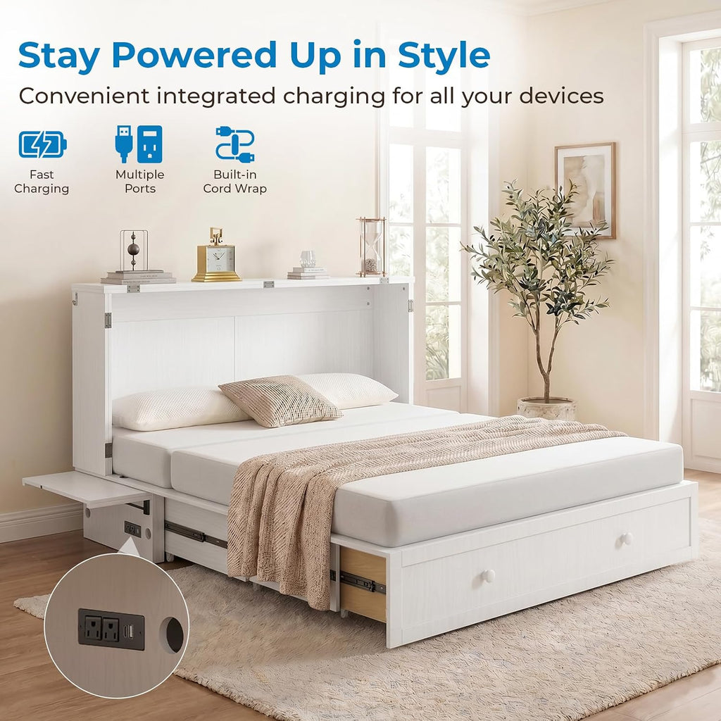 Murphy Bed Queen Cabinet Bed with Tri-fold Mattress and Built-in USB Charging, 2 Drawers, Bedside Panel, Hidden Guest