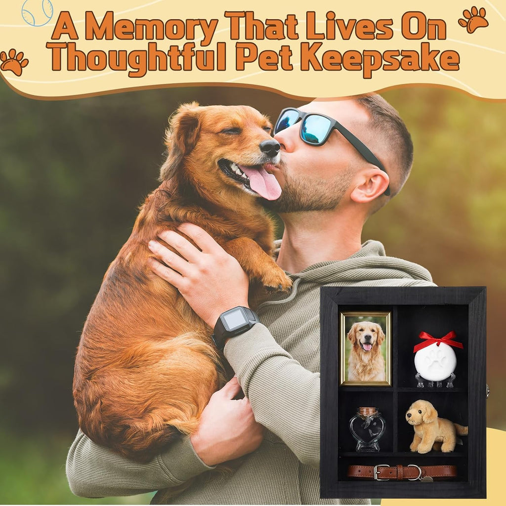 Black Pet Memorial Shadow Box with Heart Glass Bottle 14 x 11 in Dog Paw Print Clay Keepsake Display Frame for Lost