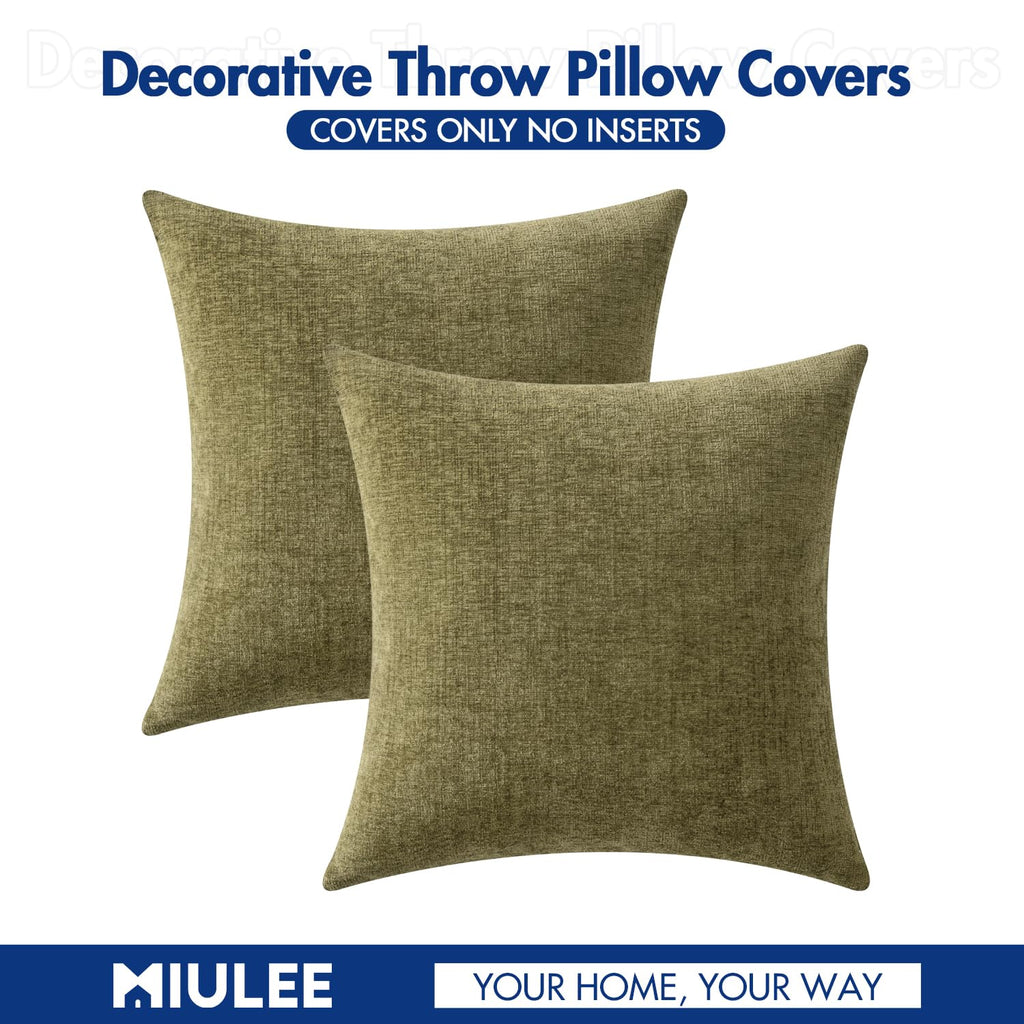Soft Chenille Throw Pillow Covers Olive Green 20x20 Inch Pack of 2