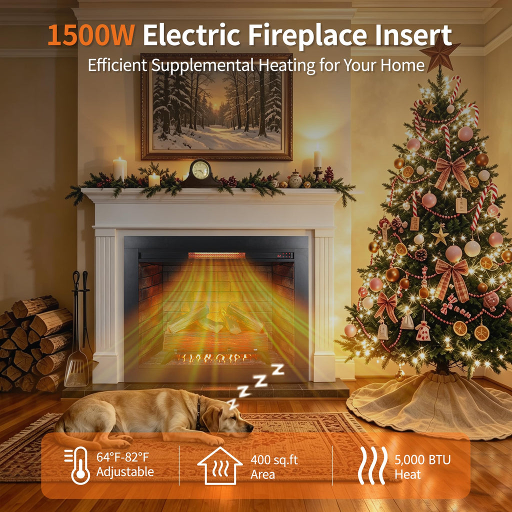 33" Electric Fireplace Insert w/Trim Kit, Hardwired or Plug-in, Realistic Crackling Sound & 4 Flame Colors, 1500W
