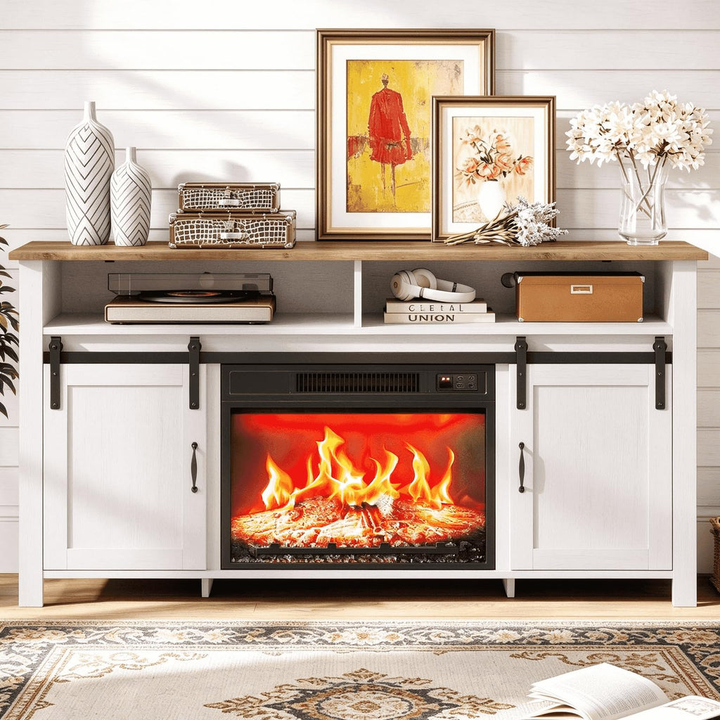 58" Fireplace TV Stand with Barn Doors for 65" TVs, 1 Package, White