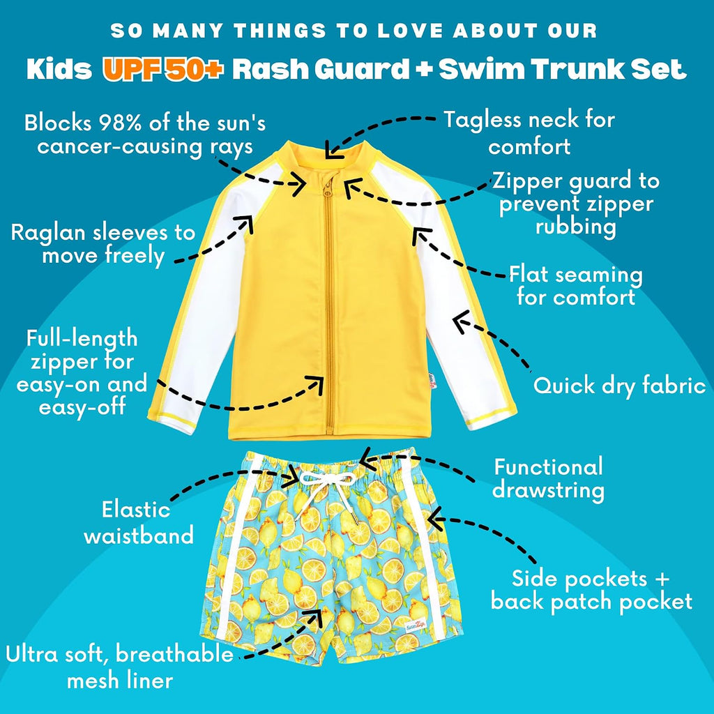 UPF 50+ Boys' Long-Sleeve Rash Guard + Soft Mesh Lined Swim Shorts