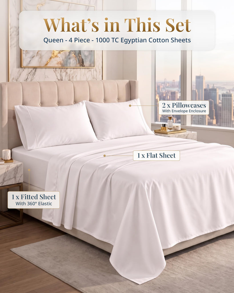 100% Egyptian Cotton Sheets Queen Size Sateen Weave - White