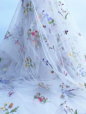 Elegant White Lace Fabric Tulle Fabric by Yard Colorful Floral Embroidery, 35x51in - Soft Tulle for DIY Dresses &