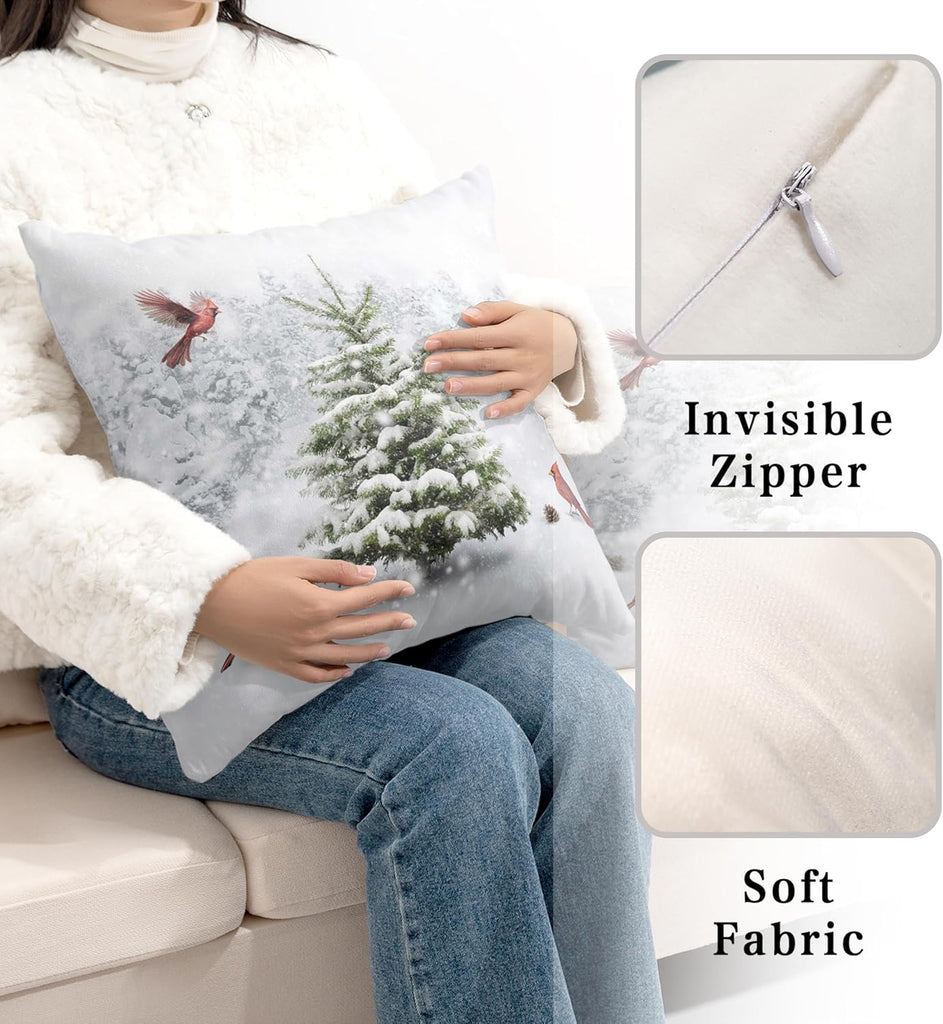 Winter Throw Pillow Covers 18X18 Snowy Natural Forest Decorative Pillow Case Green Pine Tree with Cardinal - Set of 2