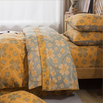 Duvet Cover Set, 100% Cotton Double Gauze Floral Bedding, Soft Breathable Reversible Duvet Cover, Orange & Blue