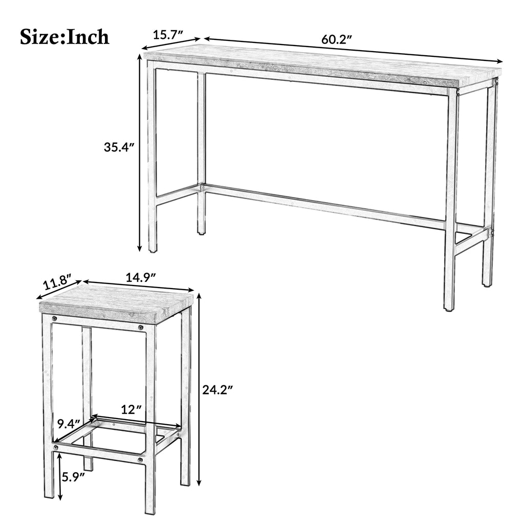 4-Piece Counter Height Extra Long Dining Table Set, Bar Table Set with 3 Stools, Side Table with Footrest Pub Kitchen
