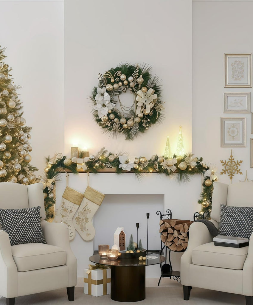 30'' Pre-Lit Christmas Wreath for Front Door with Light, Large Lighted Outdoor Christmas Wreath with White Gold Xmas