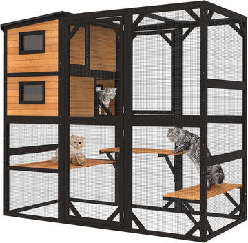 Oversized Catio Outdoor Cat Enclosure, Wooden 4 Tiers Cat Enclosures with Weatherproof Roof, Large Cat Patio Conect