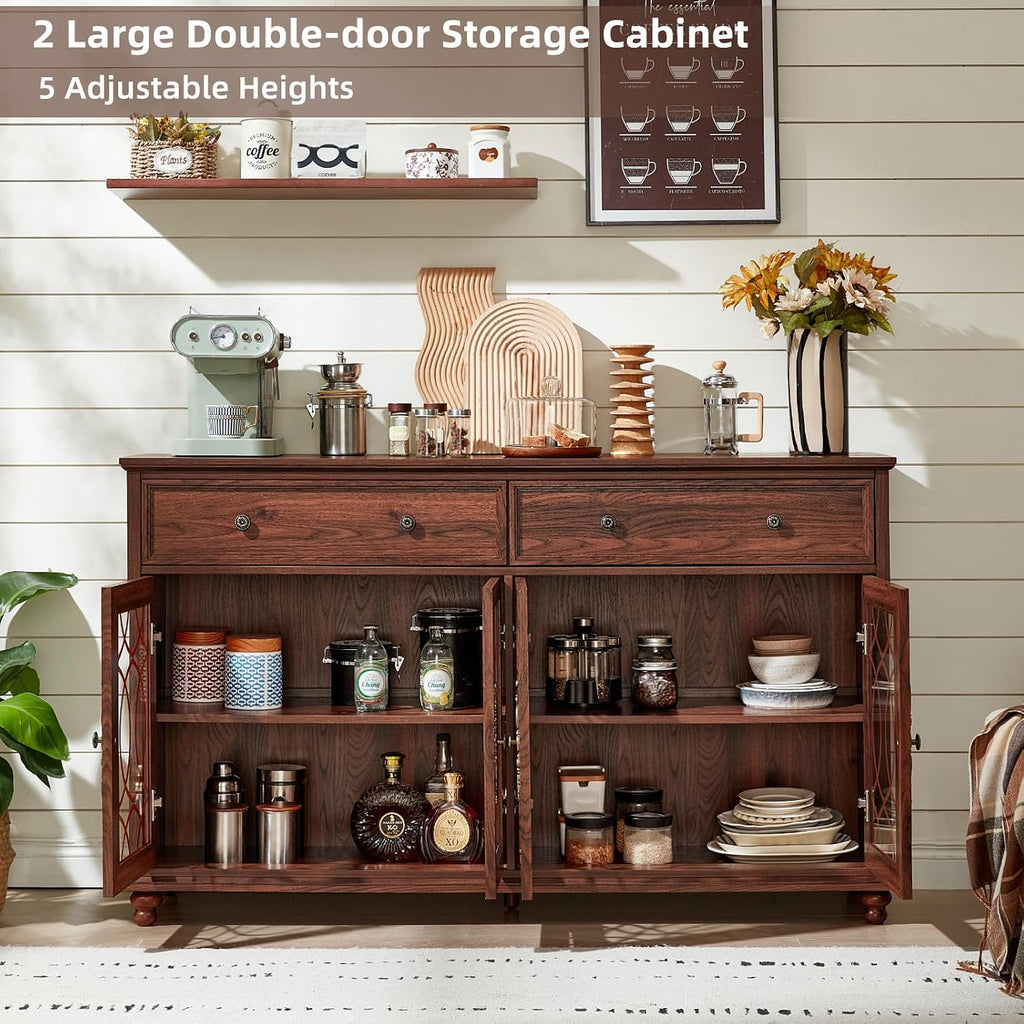 Farmhouse Sideboard Buffet Cabinet with Storage,59" Large Credenza with 4 Glass Doors & 2 Drawers,Adjustable Shelves