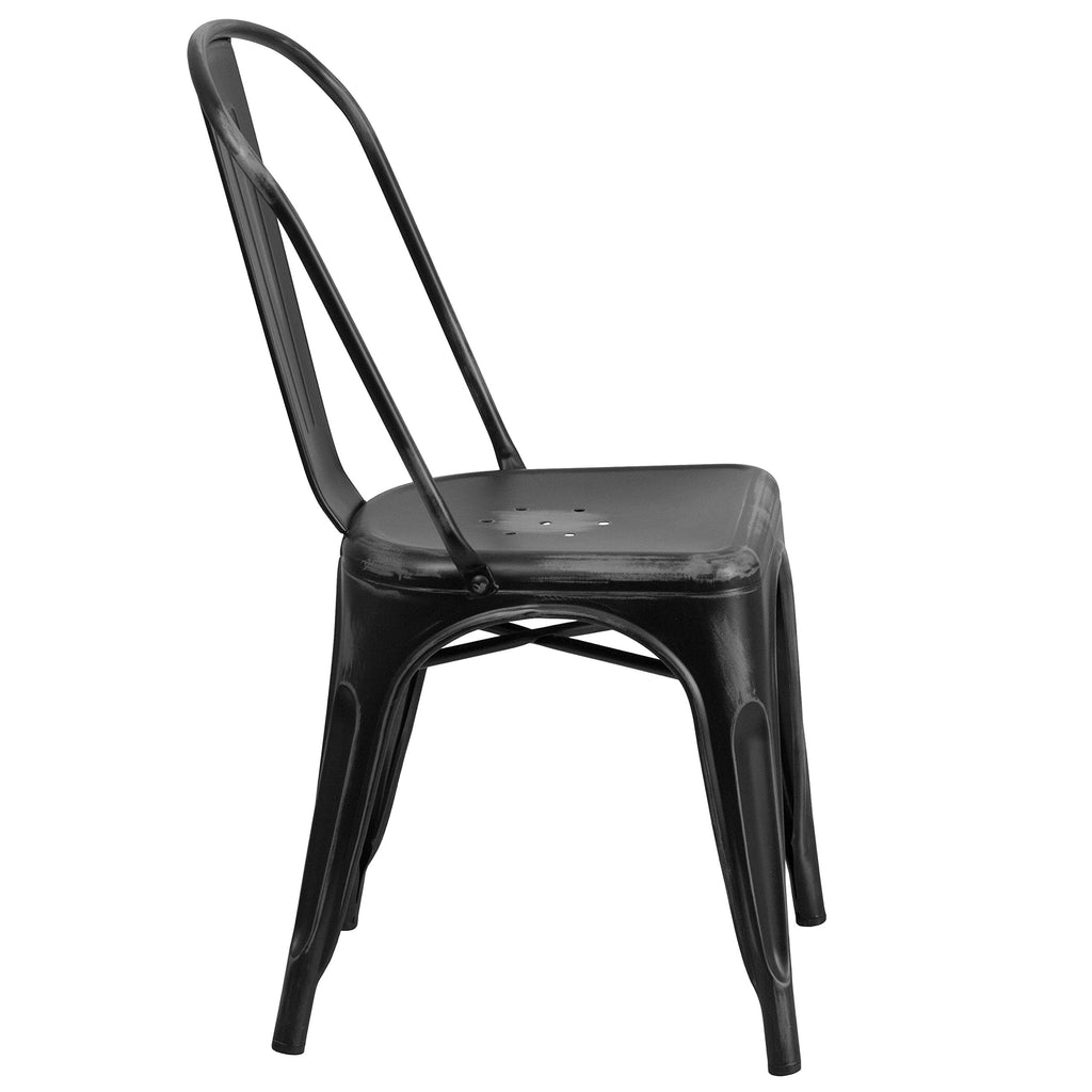 Distressed Black Metal Indoor/Outdoor Stackable Chair