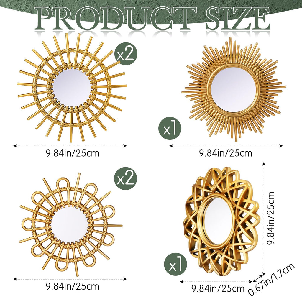 6 Pcs Sunburst Round Mirror for Wall Decor, Elegant, Gold