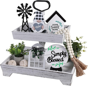 Farmhouse Tiered Tray Decor Set Wood Tiered Stand Decoration - Set of 11