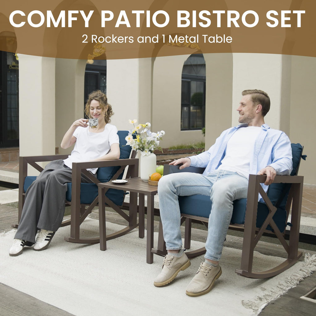 Rocking Chair Outdoor Oversized Metal Bistro Set 6.5" Cushion Navy