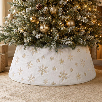 Christmas Tree Collar, 28 Inches Silky Fur White with Gold Snowflake Tree Skirt with Plastic Stand for 6FT Trees, Boho