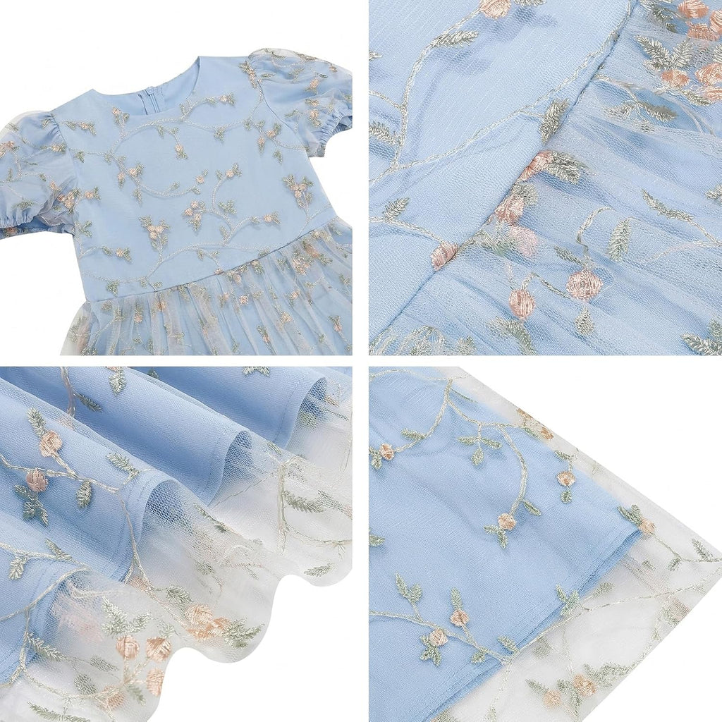 Kids Girls Short Sleeve Embroidery Floral Lace Tulle Dress