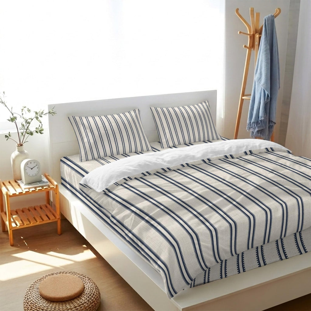 Blue Ticking Stripe 4 Piece Duvet Cover Set, Coastal Vertical Lines Khaki Comfort Bedding Set Include 1