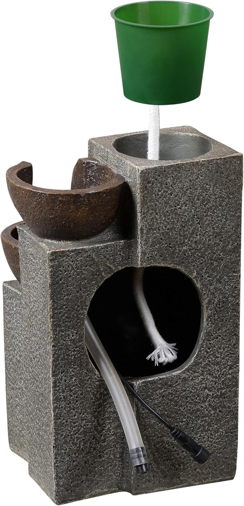 Resin Tabletop Waterfall Fountain with LED Light & Plant Pot, Indoor Desk Water Fountains Decor (22028N)