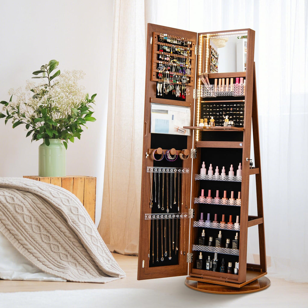 360° Swivel Jewelry Cabinet, Jewelry Armoire Organizer (Walnut)