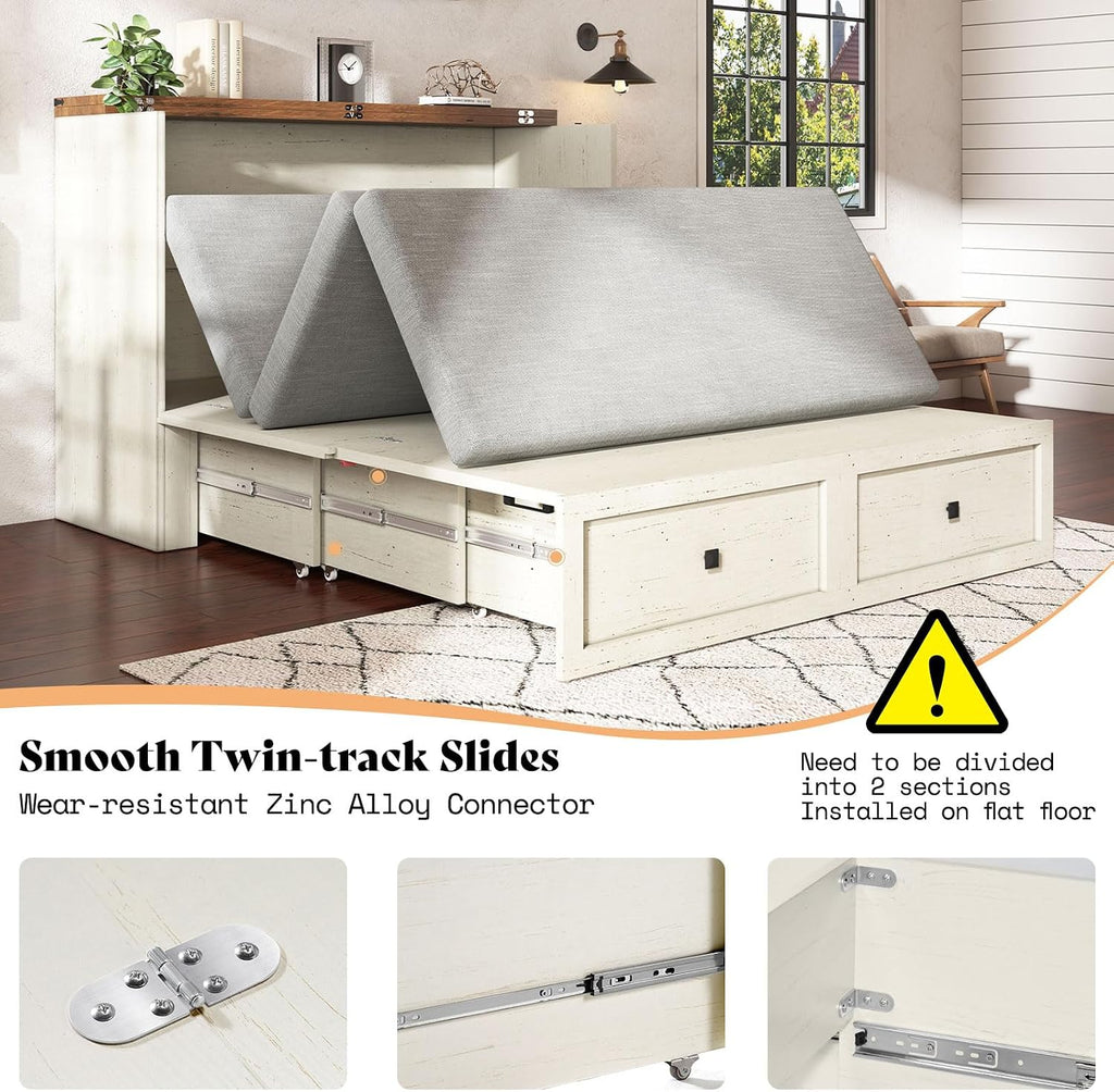 Queen Murphy Bed with Storage & Charging Station, Farmhouse Murphy Cabinet with Foldable Panel, Noisy Free, for Guest