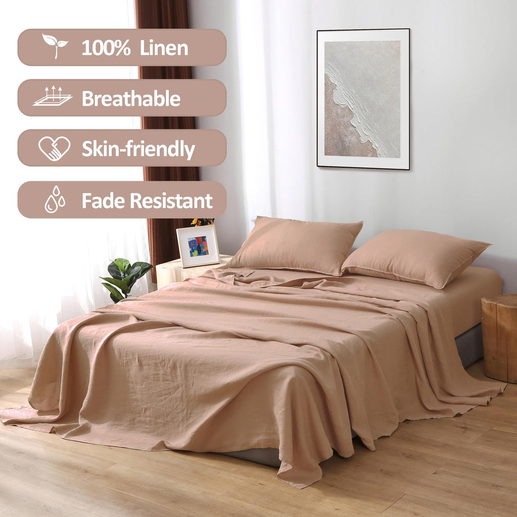 100% Linen Sheets Set, Washed French Flax Bed Sheets Set 4Pcs(1 Flat Sheet&1 Fitted Sheet&2 Pillowcases