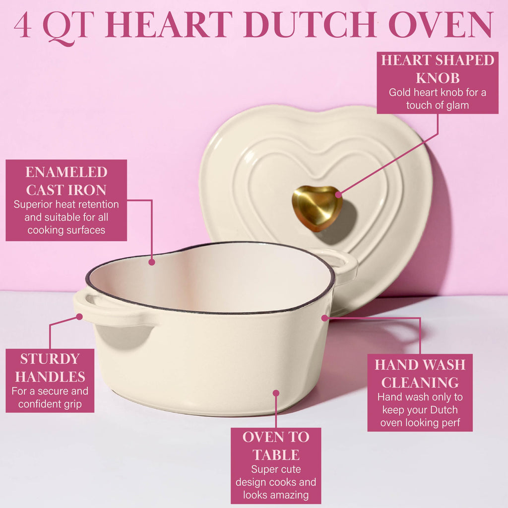 Enameled Cast Iron Dutch Oven Pot with Lid, Heart-Shaped Dutch Oven, Durable Cast Iron Pot with Dual Handles, Oven