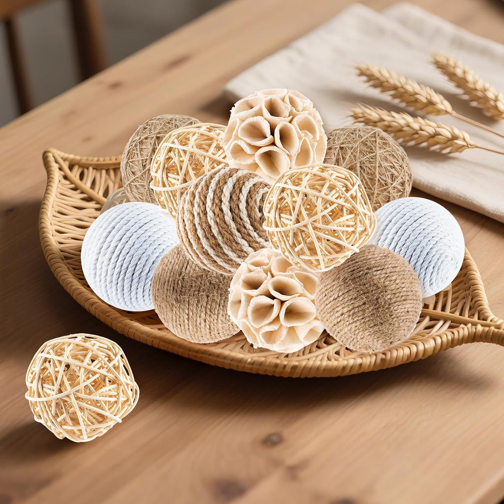Decorative Balls for Bowls, Assorted Bowl Fillers Vase Fillers for Centerpieces, Natural Rattan Wicker Jute - Set of 12