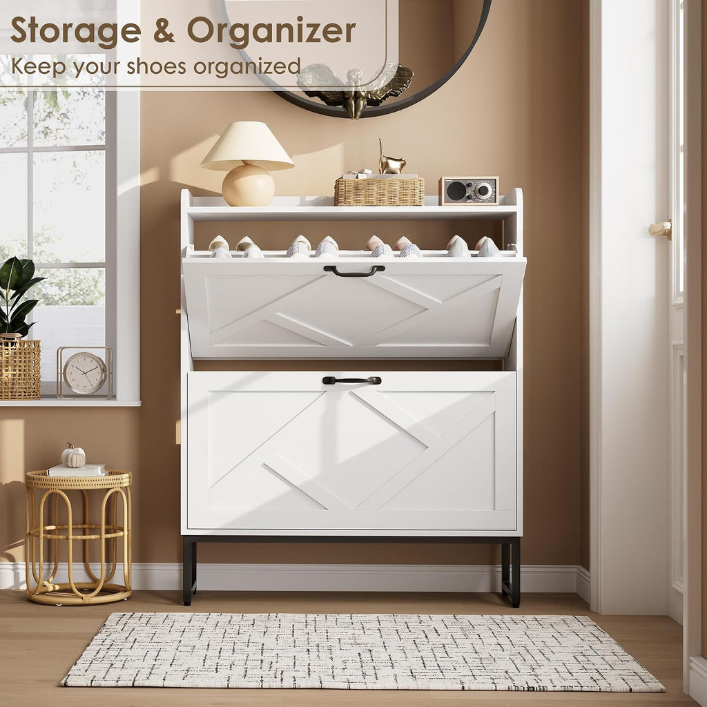 Shoe Cabinet with 2 Flip Drawers, Freestanding Shoe Organizer, Shoe Cabinet with Metal Legs, Narrow Shoe Rack Cabinet