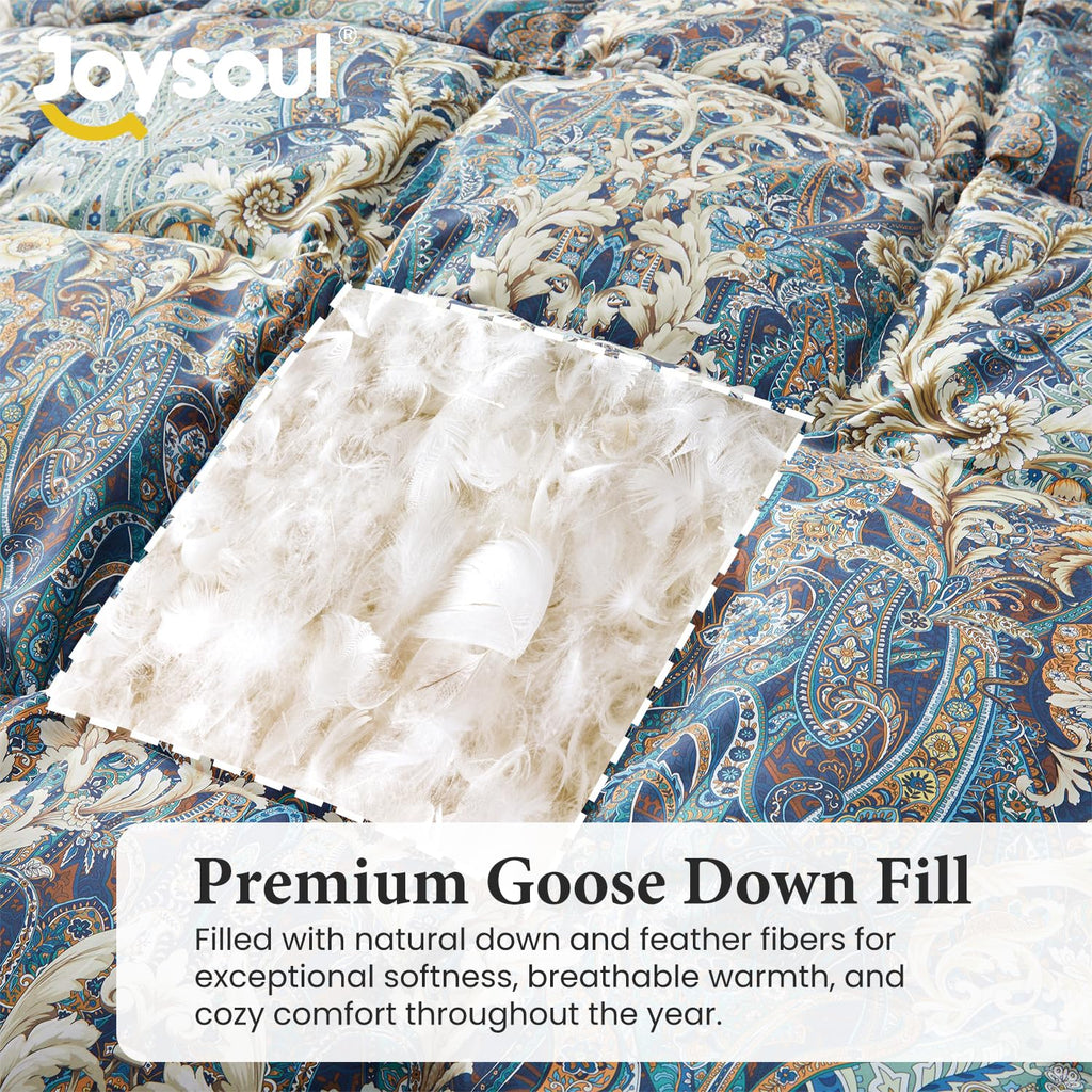 California King Size Down Comforter with Paisley Floral- All Season Ultra Soft Goose Feather Fiber, Luxury Vintage