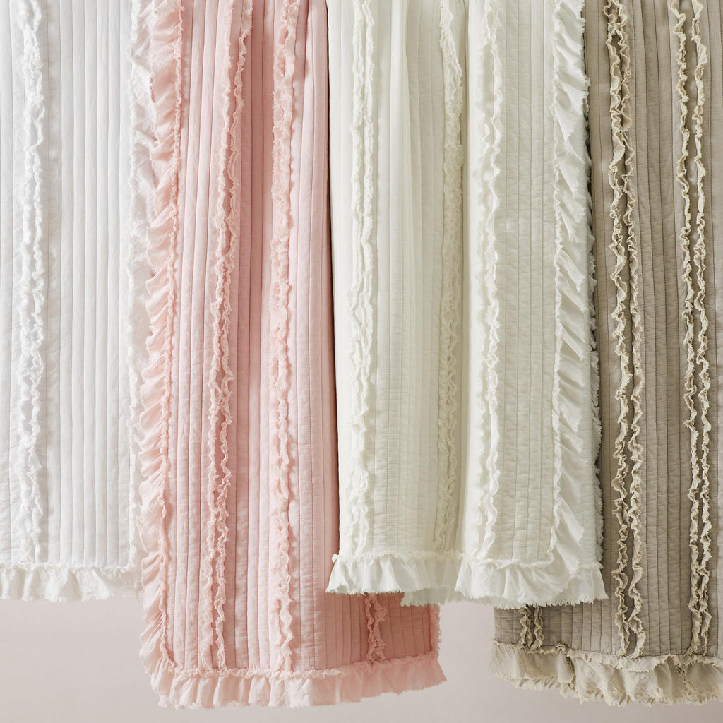 Ultra Soft Ruffle Fringed Quilt, Shabby Chic Rustic Pink Bedding Set, Stone Washed Boho Decorative Quilt