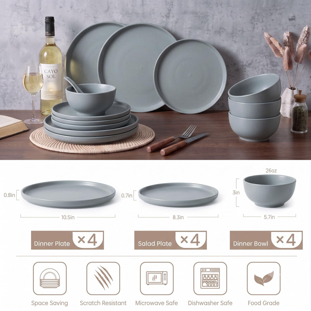 Stoneware Dinnerware Sets Service for 4, 12 pcs Plates and Bowls Set