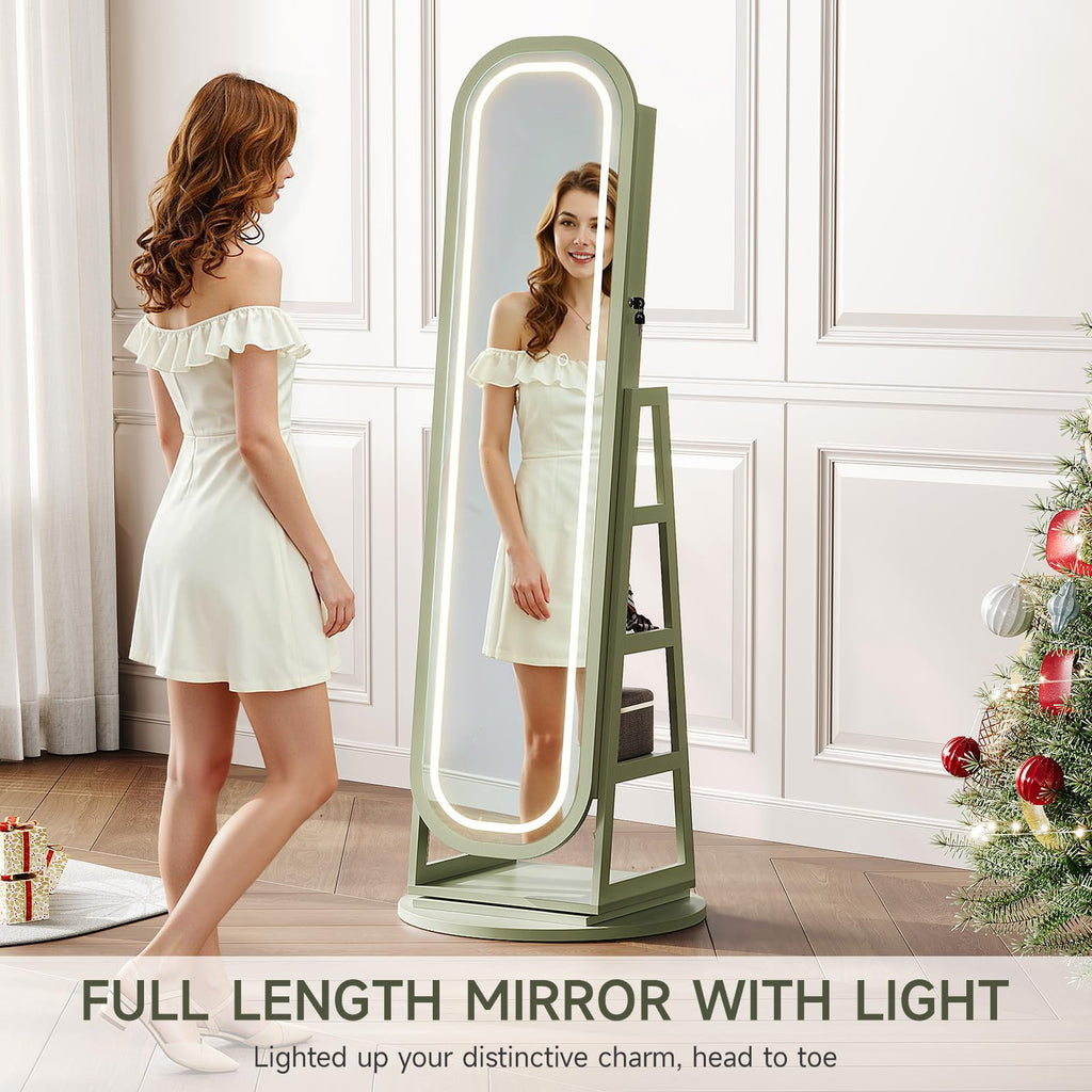 360° Swivel Jewelry Mirror Cabinet with Lights, Green