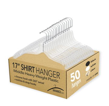 17" Clear Mid-Heavyweight Plastic Hanger, 50 Pack, Made in USA