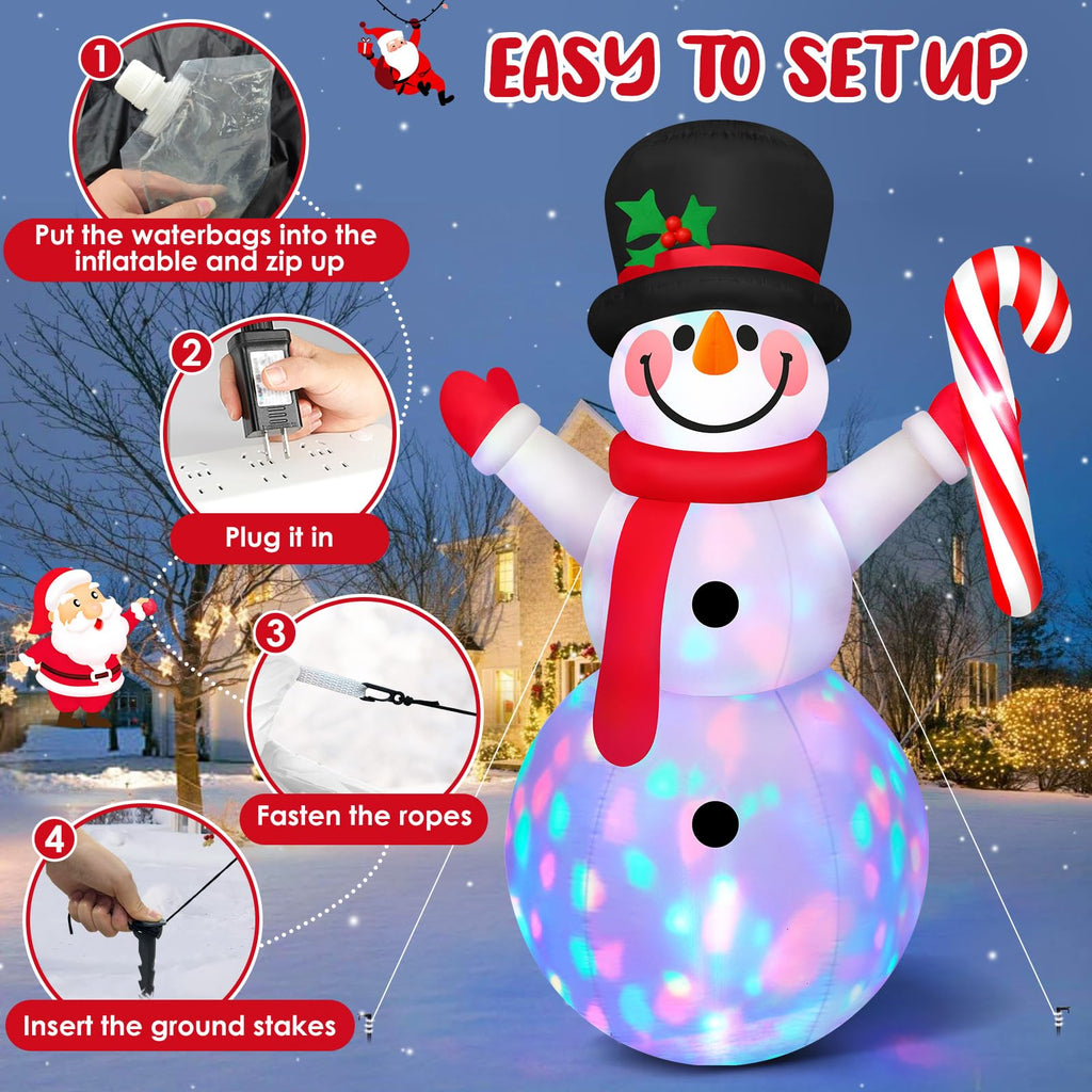 8 FT Tall Christmas Inflatables Outdoor Decorations Blow Up Snowman Inflatable Candy Cane, Build-in Rotating Colorful