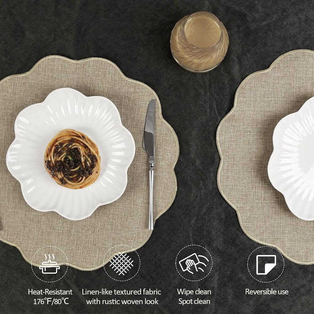 Round Faux Linen Placemats Heat Resistant Non-Slip Stain Proof Table Mats Dining Elegant Decor Place Mats - Set of 6