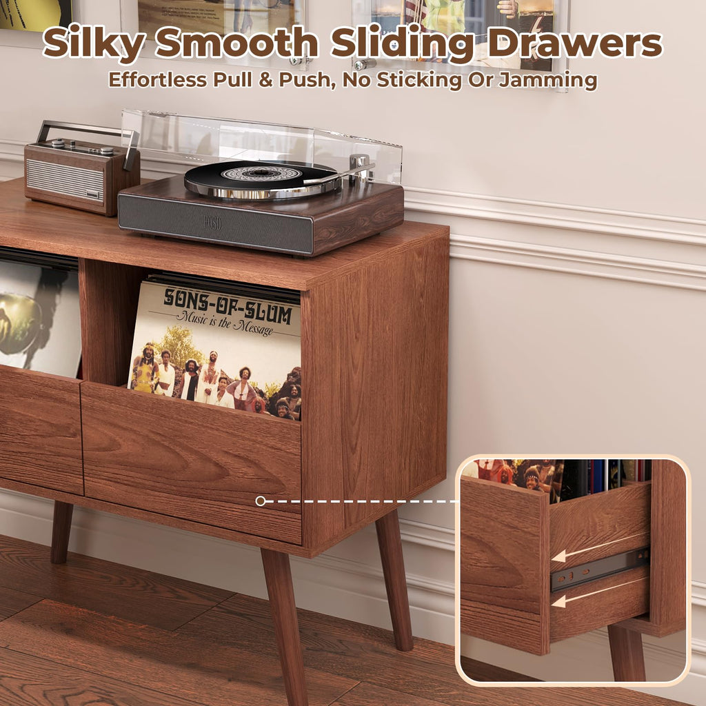 Mid Century Modern Record Player Stand with Vinyl Storage, Brown